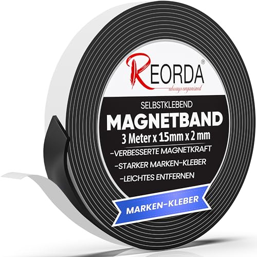 Reorda® Magnetband selbstklebend | Stärkster Halt dank Marken-Kleber | Magnetband mit optimierter Magnetkraft durch Anisotropic Material | Anwendbar in Küche, Schule & Büro