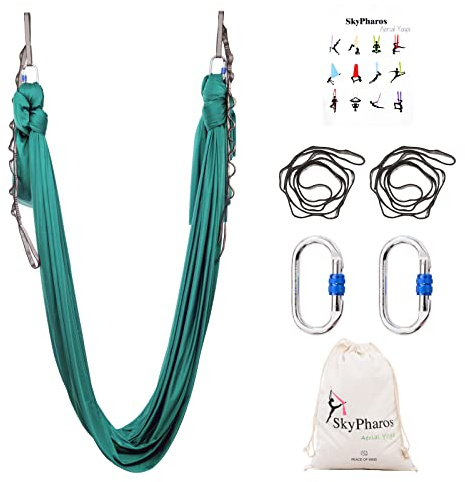 SKYPHAROS 5.5 Yards Aerial Silks Yoga Swing Set - Aerial Yoga Hammock Kit Anti-Gravity Flying for Fitness, Low/Non Stretch Nylon Tricot Fabric Hardware Included for Dance