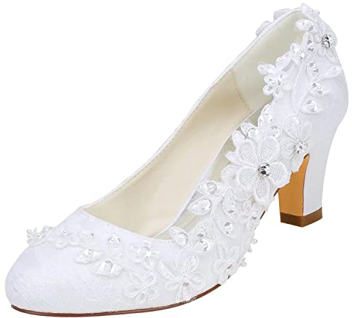 Emily Bridal Brautschuhe Frauen Seide wie Satin Stämmiger Absatz Absatzschuhe mit Stich Spitzen Blume Kristall Perle (EU39, Weiß)