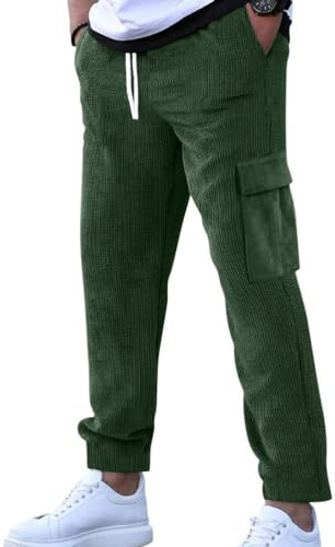 Oanviso Pantaloni da Uomo Classics Pantaloni Corduroy Cargo Pants Larghi Pantaloni con Elastico in Vita Pantaloni Casual Multi-Tasche Pantaloni in Velluto a Coste Pant Comodi e Morbido A Verde L