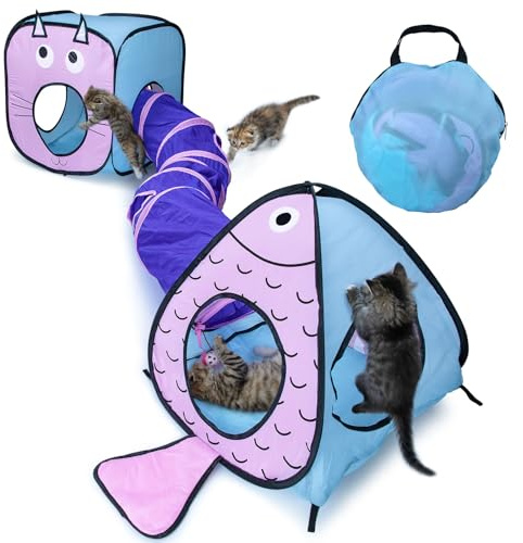 Baguuaray 3 PCS Tunnels pour Chat Jouet Tube Tunnel Pliable pour Animaux Jeu Intéractif pour Chatons, Chiots, Lapins, Cobaye - pour Intérieure et Extérieure - Bleu