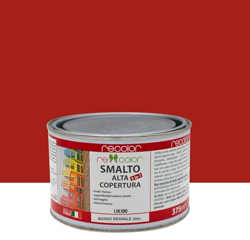 recolor - Smalto Sintetico – Vernice Universale, ideale per Legno, Metallo e Muri, colore Rosso Segnale, RAL 3001, 375ml