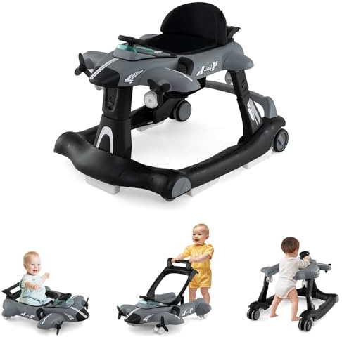 GOPLUS 6-i-1 gåstol, gåvagn med justerbar hastighet och 3 höjder, matbricka, musik, ljus och vikbar design, baby walker i flygplansmotiv för baby 6–18 månader (grå)