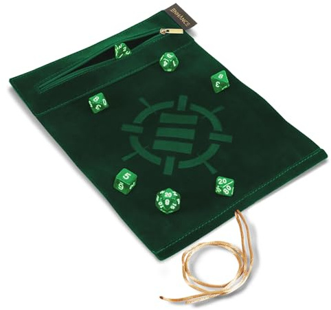 ENHANCE Tappetino per Dadi Roll on a Scroll e Set di 7 Dadi in Acrilico - Custodia in Velluto con 7 Dadi in Acrilico Abbinati, Supporto e Vassoio. Compatibile con D&D e Giochi da Tavolo - Verde