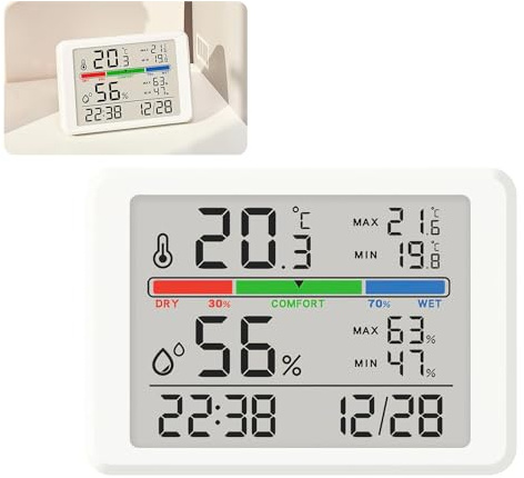 Hygrometer Indoor Thermometer Digital Room Humidity Gauge Humidity Monitor and Humidity Meter, Touch LCD with Calibration Backlight Hygrometer Clock Comfort Icon for Greenhouse Baby Room Bedroom White