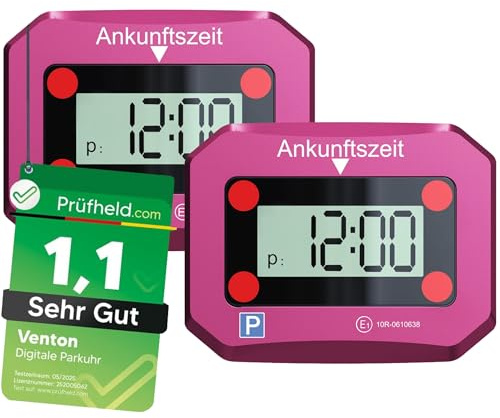 VENTON [Test MOLTO BUONO, Note 1.1 Disco Parcheggio Digitale Elettronico Rosa con Omologazione, Parcheggio Automatico Accessori Auto Gadget Elettrico (2 Dischi Parcheggio Rosa con Batterie Addizionali