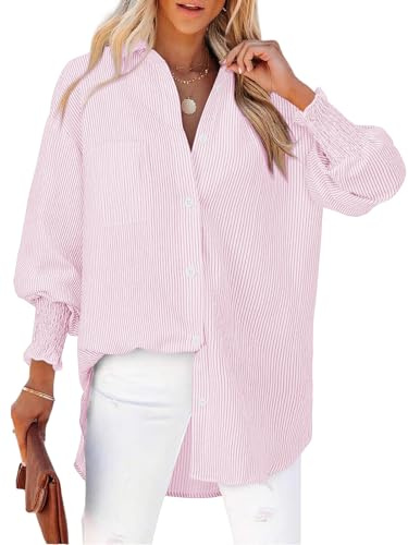 Cuptacc Chemisier Femme Lâches Col en V Haut Chemise Tendance Rayée avec Boutonnés Blouses Extensible Rides Poignets Longue Tunique Top Rayures Roses M
