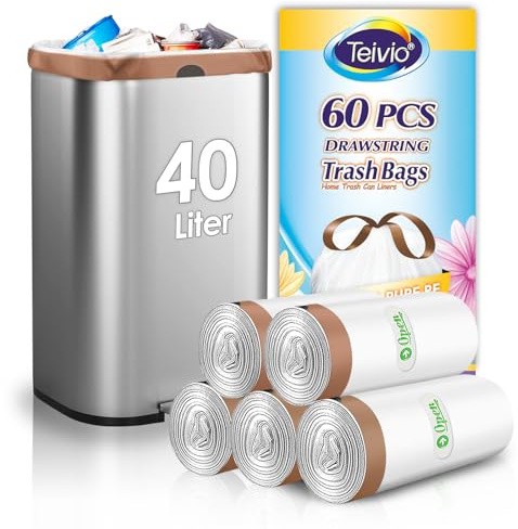 Teivio 40 Liter Bin Liners with Tie Tap, 60 Counts Strong Swing Bin Bags with Drawstring Handle, 10-13 Gallon Waste Bin Bags for Home Office Kitchen Bathroom Bedroom, White Rubbish Bags