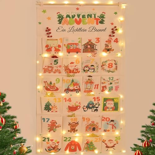 Christmas Fabric Advent Calendar，Make Your Own Advent Calendar for Christmas Gifts,3M Long LED Santa Claus Wall Calendar with 24 Pockets,120 * 60cm Calendar Hanging on Door Wall Christmas Decorations