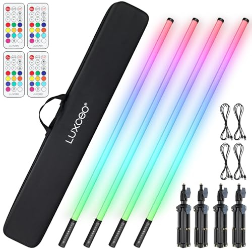 4 Pack LED Tube Lights 4ft with Case, RGB Stage Lights Bar with 5000mAh Battery Powered, DJ Lights for Parties with Stand, Music Sync Light Tube for Dance Video Studio Photography Photo Booth