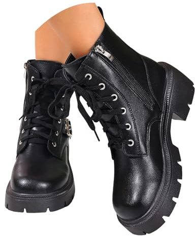 VBEDKDEB Botines para mujer Botas de tobillo Botas de mujer Botines de moda Tacón bloque con cordones Cremallera lateral Punta redonda Plataforma Botas occidentales genuinas 22222, Negro , 38.5 EU