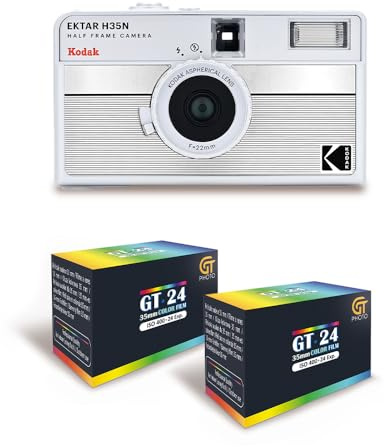 KODAK EKTAR H35N - halvformat filmkamera 35 mm återanvändbar, utan fokus, lätt, lätt att använda - silver randig + 2 film 35 mm, färg 24 utställningar