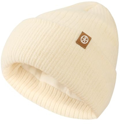 AYPOW Barnmössa, pojke, flickor, vinter, varm stickad babymössa, unisex, söt keps, vikbar fleecefodrad hatt, för småbarn 1–7 år, Beige färg, M