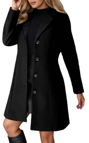 Women's Winter Wool Coats Button Down Jacket Thick and Elegant Blazer Windbreaker Solid Colour Classic Coat Mid Length Autumn Winter Warm Coat Jackets 2026 (Black, L)