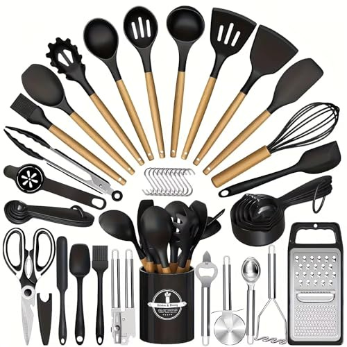 44-Piece Silicone Kitchen Utensil Set with Wooden Handles, Non-Stick Heat Resistant Cooking Tools, Spatula, Tongs, Whisk, Grater & Holder – Black