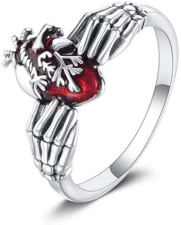 YAFEINI Skull Claddagh Ring Sterling Silver Anatomical Heart Ring Gothic Jewellery Gifts for Women Mum