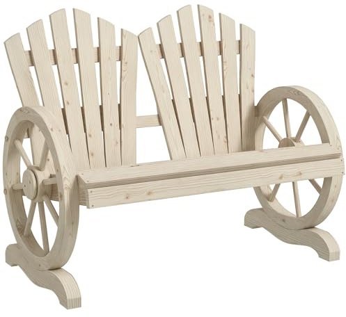 Outsunny Panchina da Giardino da 2 Posti con Braccioli a Forma di Ruota, Panchina da Esterno a Doghe in Legno di Abete, Panca per Terrazza Patio e Cortile, 108x66x95 cm, Color Legno