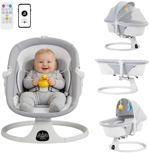 YOBWOK Elektrisk babygunga, Vikbar Vilstol, babystol, med lekbåge,8 melodier,5-punktssele, Ryggstödsjustering,Fjärrkontroll & Touchpanel, bekväm grenrem,från födseln