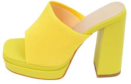 Sandalias de tacón alto con plataforma de bloque grueso, puntera abierta, zapatos de moda de verano detallados de tela elástica, Amarillo, 38 EU