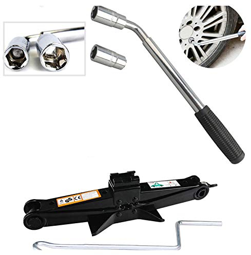 Car Tyre Changing Tools Kit 2 Tonne Scissor Jack & Lug Wrench Set Telescoping Extendable Wheel Brace Universal Standard Sockets 17&19mm/21&23mm