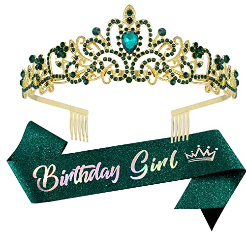 Velscrun Birthday Crown and Sash for Girls - Green Tiara, Accessories, Gifts and Decorations