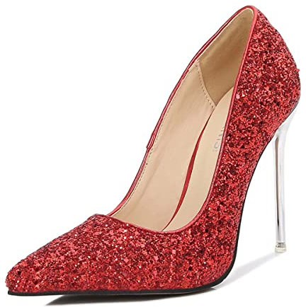 JOEupin Womens Glitter Sequins High Heels Stilettos Pumps Slip-on Sexy Pointed Toe Basic Pump Red