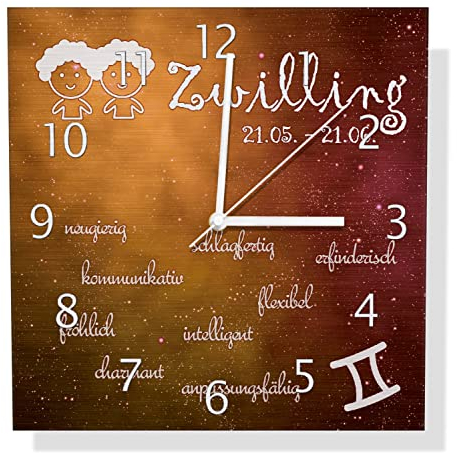 Wallario Design Wanduhr Sternzeichen Zwilling aus Aluverbund, Alu-Uhr Größe 30 x 30 cm, weiße Zeiger mit Metalloptik