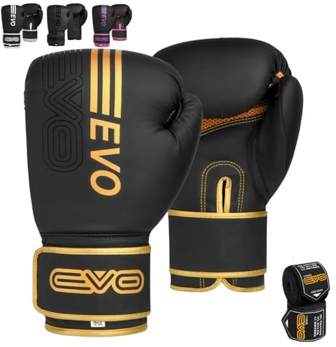 EVO Fitness Matte Black Boxing Gloves MMA Muay Thai Martial Arts Kick Boxing Sparring Training Fighting Men Punch Bag Women Pink Gloves With Hand Wraps (Golden, 10 OZ)
