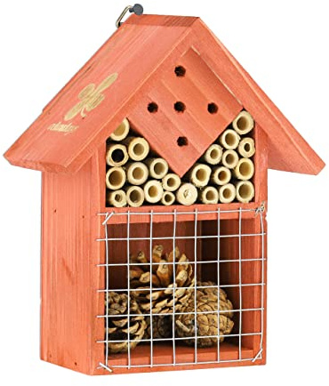 Relaxdays Casetta per Insetti, Hotel in Legno per Api Selvatiche, HLP 21 x 17,5 x 9 cm, in Giardino e Balcone, Arancione