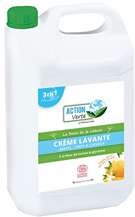 ACTION VERTE - Crème lavante - Nettoie les mains, corps & cheveux - Certification Ecocert - Formule naturelle - Parfum fleur d'oranger et miel- 5L - Fabrication française