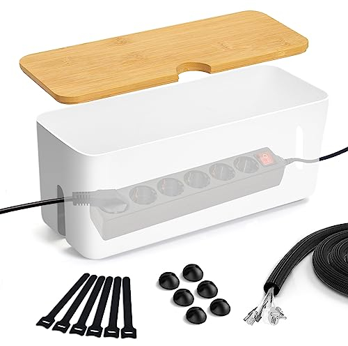 Lannvan - Caja Organizadora de Cables con Tapa de Bambú - para Ocultar, Guardar y Recoger Cables y Regletas - Mesa de Escritorio - Blanco