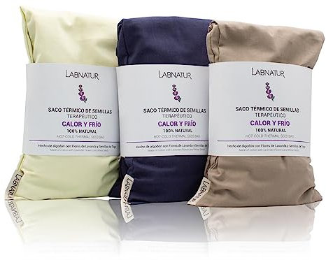 Cojín Térmico de Semillas de Trigo y Lavanda (48x15) Labnatur. Funda Lavable. Saco Térmico para Microondas Calor y Frío. Alivio del Dolor. Almohada Térmica.