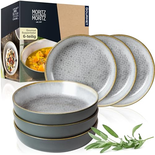Moritz & Moritz TERRA 6-tlg Suppenteller grau je 700 ml - Ø 19 x 4,5 cm - in dezentem Grau aus hochwertigem Porzellan - tiefe Teller für Suppen, Salate, Müsli, Pasta uvm.