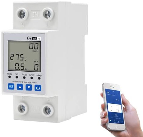 Frotlvm Smart WiFi Energy Meter, Single Phase DIN Rail LCD Digital Meter, Leakage Protection Circuit Breaker,63A 80-400V Electricity Power Consumption Monitor, Smart Life/Tuya App Remote Control