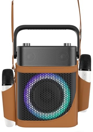 Máquina de karaoke con 2 micrófonos inalámbricos UHF, altavoz Bluetooth portátil impermeable IPX4 con bolsa de cuero para Samsung Apple TV, Tesla Ford, altavoz al aire libre, compatible con Bluetooth