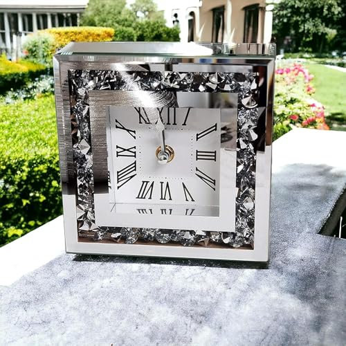 SERENA'S ® Square Crushed Diamante Mantle Clock Glass Mirrored Desk Table Clock Elegant Roman Style Design Crystal Wall Mirror 15cm x15cm