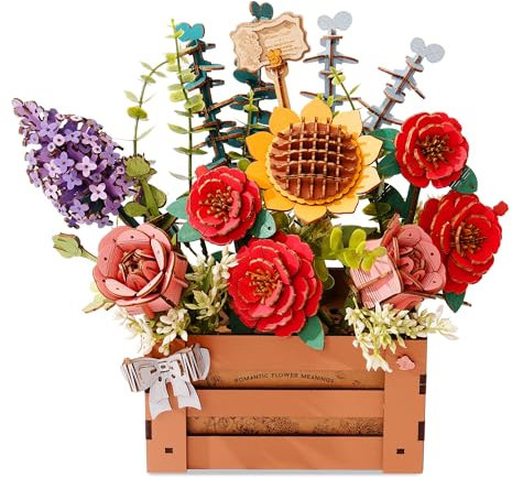 ROBOTIME 3D-pusselblomma för kvinnor: gör-det-själv träpussel blombukett för vuxna att bygga konstgjorda blommor modellkit hantverk byggset heminredning med trälåda TW02H