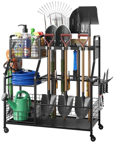 keomaisyto Garden Tool Organizer with Heavy Duty Wheels for Garage - with 2 Baskets, Large Yard Tool Organizer and Storage Holder, Utility Garden Tool Rack for/Shed/Garage/Yard/Basement/Lawn