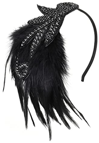 BABEYOND Vintage 1920s Headband 1920s Headpiece Feather Beaded Headband Crystal Flapper Headpiece Great Gatsby Costume Accessories Roaring 20's Accessories Black