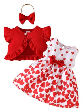 HEOXIN Vestito per neonata, Cardigan Senza Maniche Bordo Increspato, Scollo Rotondo Cuore, con Fiocco, Fascia Capelli, Vestito Neonato, Set di Vestiti Estivi Volant, Rosso, 18-24 Mesi