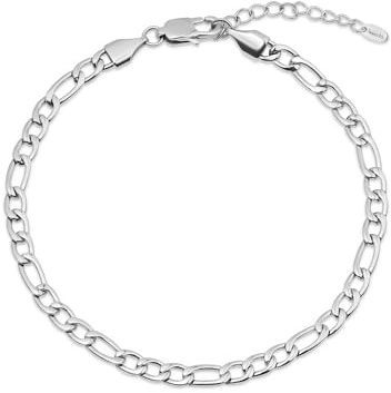 Amberta Silver Gold Waterproof Ankle Bracelets for Women | Boho Layered Anklets for Women | Summer Jewellery, Adjustable Ankle Chain Beaded Rope Heart: 4.2 mm Silver Figaro