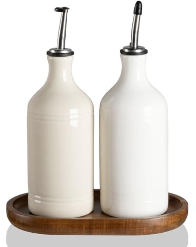 Sweejar Home Ceramic Olive Oil Dispenser Bottles with Tray, 460ML Oil Dispenser Set for Kitchen Counter, Opaque Oil Cruet for Storage Soy Sauce, Vinegar, Liquids, Pack of 2 (WhiteBeige)