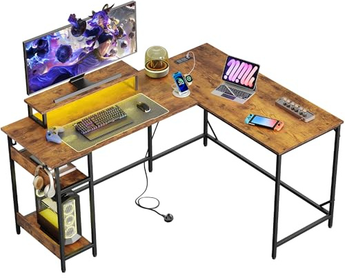 DEVAISE L Shaped Gaming Desk with RGB LED Lights & Power Outlets, 152×50cm Reversible Corner Desk with Shelves & Monitor Stand, Computer Table for Home Office, Bedroom, Rustic Brown
