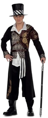 My Other Me - Costume Steampunk da uomo, taglia XL. Include cappotto lungo con una manica effetto pelle, gilet integrato con broccato dorato, pantaloni neri e cappello a coppa con strisce diagonali.