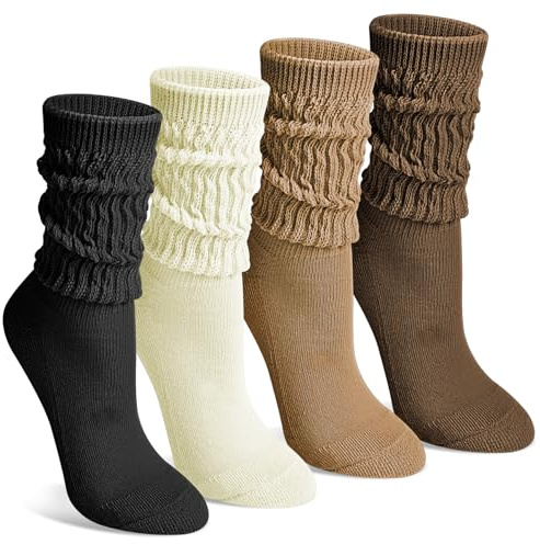 Tialfas 4 Paires de Chaussettes Slouchy pour Femmes - Chaussettes Longues Slouch Crew Tricotées Boot Athletic Calf Tube Scrunch