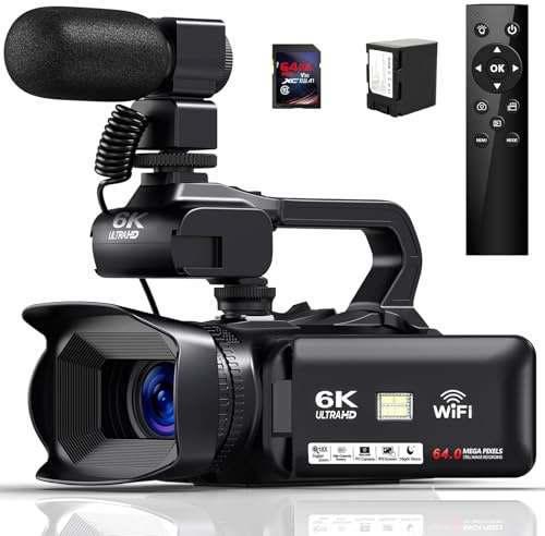 Caméscope 6K avec 64 MP, zoom numérique 18x, vision nocturne infrarouge, écran tactile de 4 pouces, WiFi, batterie 4500 mAh, carte SD 64 Go, stabilisateur et télécommande