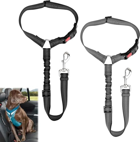 2PCS Ceinture Chien Voiture,Ceinture Securite Chien Voiture,Ensemble de Harnais Universelle, avec Absorption des Chocs, Réglable de 28 à 33 Pouces(Noir,Gris)