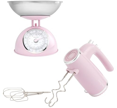 Salter Retro Pink Hand Mixer & Mechanical Scale Set – 400W Electric Whisk with 5 Speeds, XL Chrome Beaters & Dough Hook Accessories, 5kg Analogue Kitchen Scale with 2L Bowl & Easy-Read Rotating Dial
