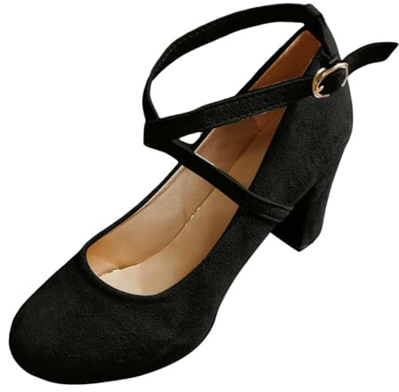 Party Goers - Zapatos de tacón para mujer con forro suave y cómodo, para eventos festivos, citas, noche, tiras para mujer, tacón medio, plantilla acolchada antideslizante, Black, 38.5 EU