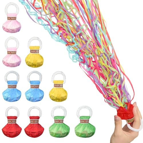 Hevysuo 10 Piezas Lanzar Serpentina de Cumpleaños,Serpentinas de Arrojar,Serpentinas para Lanzar Bombas,30 Cintas por Bola,Serpentina de Confeti para Navidad,Carnaval,Graduación(Rosa Azul Rojo Verde)